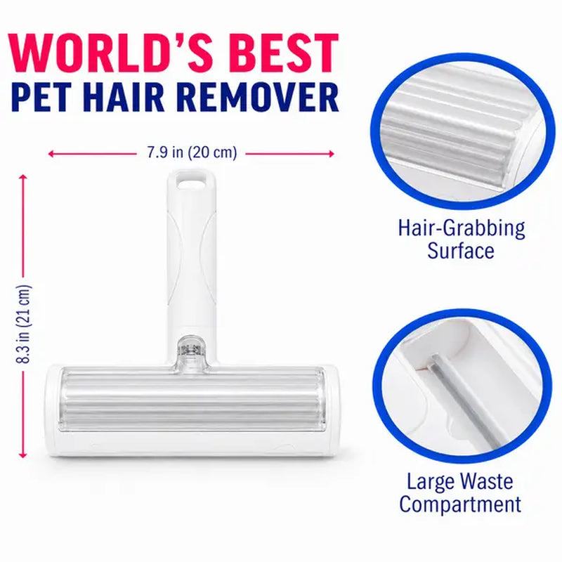 White Pet Hair Removal Roller - 20 cm Reusable Lint and Fur Cleaner for Sofas, Carpets, Bedding, and Pet Mats - One-Touch Empty Grooming Tool for Efficient Cat and Dog Hair Cleanup