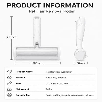 White Pet Hair Removal Roller - 20 cm Reusable Lint and Fur Cleaner for Sofas, Carpets, Bedding, and Pet Mats - One-Touch Empty Grooming Tool for Efficient Cat and Dog Hair Cleanup