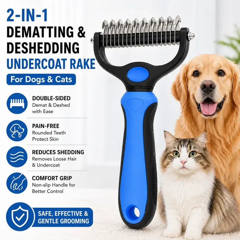 Professional Pet Dematting Undercoat Rake for Long-Haired Dogs and Cats, Double-Sided Deshedding Brush, Gentle Tangle Remover to Minimize Shedding and Mats, Pet Grooming Tool N2 Comb