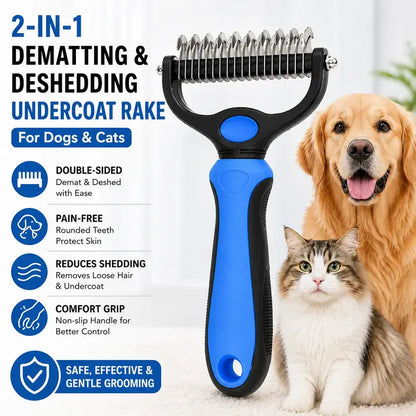 Professional Pet Dematting Undercoat Rake for Long-Haired Dogs and Cats, Double-Sided Deshedding Brush, Gentle Tangle Remover to Minimize Shedding and Mats, Pet Grooming Tool N2 Comb