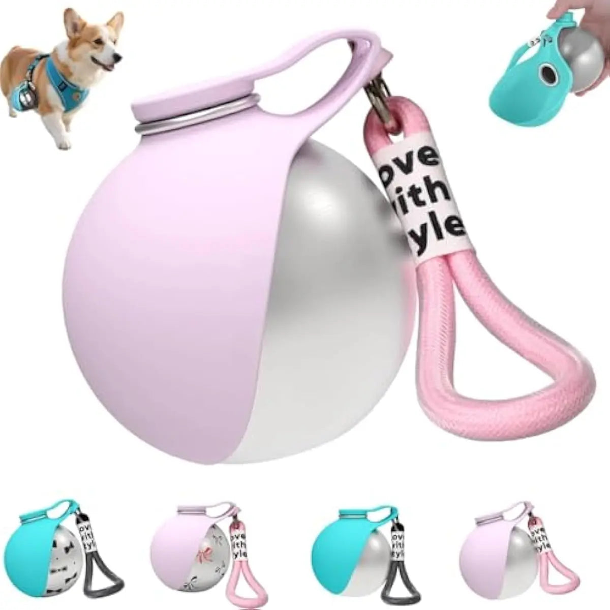 Portable 2-In-1 Dog Water Bottle with Foldable Silicone Bowl, BPA-Free Stainless Steel, Leak-Proof Travel Dispenser for Walking, Hiking, and Road Trips (10oz, Pink & Blue)