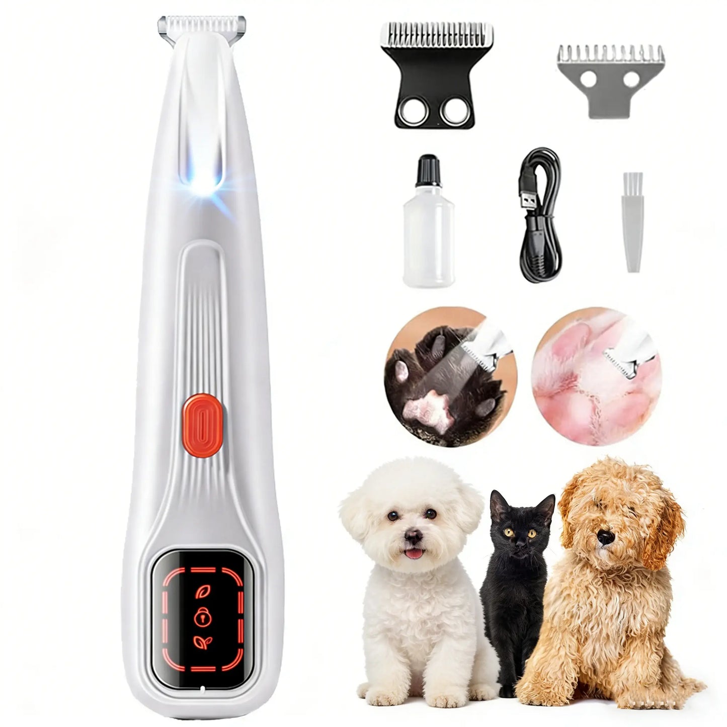 Rechargeable Pet Hair Trimmer Kit with LED Light, Low Noise Dual-Speed Motor, Waterproof Grooming Clippers for Dogs and Cats