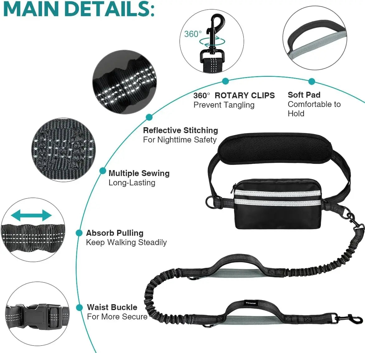Pipidodo Hands-Free Dual Dog Leash with Waist Bag and Cushioned Pad for Effortless, Tangle-Free Walks with Two Dogs