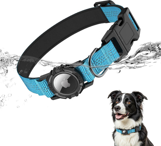 IP68 Waterproof Dog Collar with Integrated Airtag Holder – Heavy Duty Reflective Padded Design for Small, Medium & Large Dogs – Comfortable and Durable, Size M (12.6"-17.1"), Blue