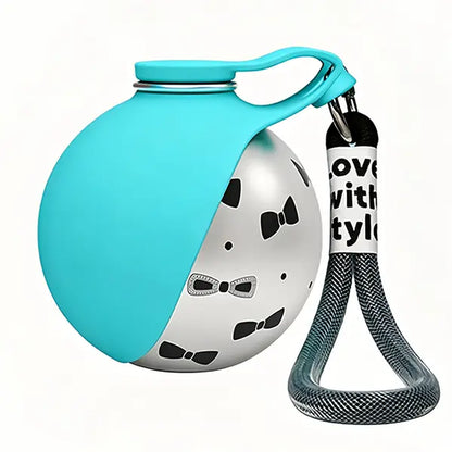 Ihubei Pet Water Bottle with Food-Grade Silicone Foldable Bowl - 304 Stainless Steel Spherical Hydration Dispenser for Dogs and Cats, Ideal for Travel and Outdoor Activities, 285ml Capacity